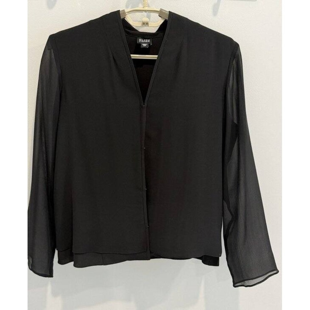 Eileen Fisher Black Cardigan Jacket 100% Silk Sheer Sleeves Hook Eye Closure XS